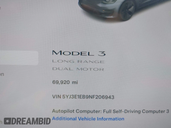 2022 Tesla Model 3 Long Range with VIN 5YJ3E1EB9NF206943, listed as a IAAI auction lot 41911040 with 69,920 mi miles and . Bid and sale history available at DreamBid. Image 7.