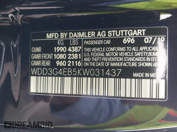 2019 Mercedes-Benz A 220 with VIN WDD3G4EB5KW031437, listed as a IAAI auction lot 41602814 with 52,879 mi miles and . Bid and sale history available at DreamBid. Image 9.