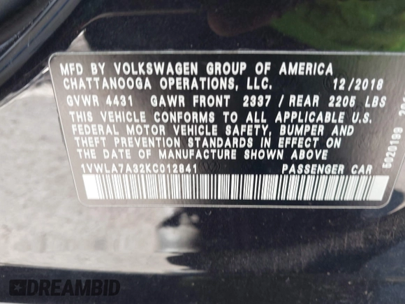 2019 Volkswagen Passat 2.0T Wolfsburg Edition with VIN 1VWLA7A32KC012841, listed as a IAAI auction lot 41539683 with 75,897 mi miles. Bid and sale history available at carsss.com. Image 9.