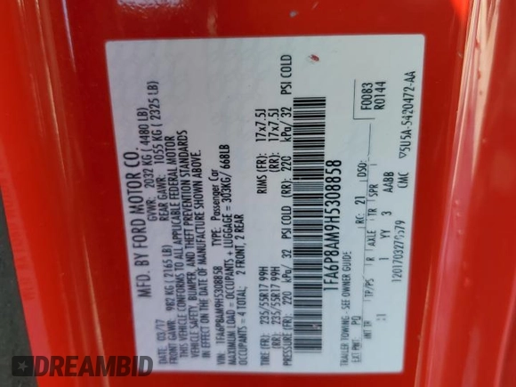 2017 Ford Mustang V6 z VIN 1FA6P8AM9H5308858, wystawiony jako Copart lot #48109795 z przebiegiem 45 522 mil mil oraz Szkoda całkowita • Salvage title. Historia ofert i sprzedaży dostępna na DreamBid. Obrazek 12.