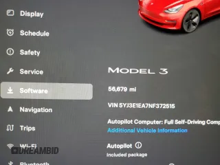 2022 Tesla Model 3 with VIN 5YJ3E1EA7NF372515, listed as a Copart auction lot 52853925 with 56,679 mi miles and Clean Title. Bid and sale history available at carsss.com. Image 9.