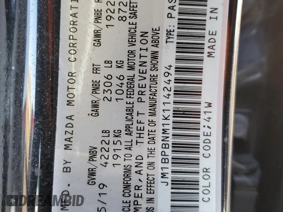 2019 Mazda Mazda3 Hatchback w/Premium Pkg with VIN JM1BPBNM1K1142494, listed as a Copart auction lot 45122415 with 42,607 mi miles and Salvage Title. Bid and sale history available at carsss.com. Image 12.