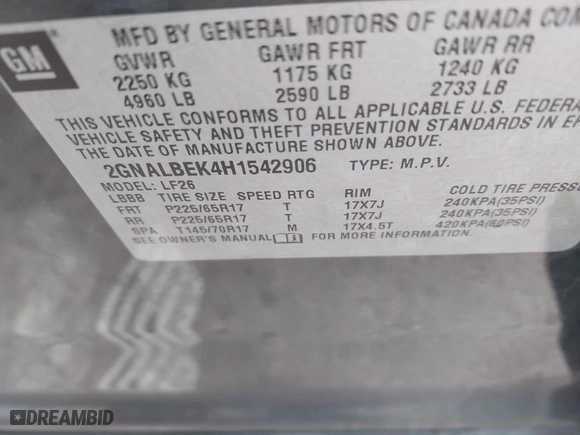 2017 Chevrolet Equinox LS with VIN 2GNALBEK4H1542906, listed as a IAAI auction lot 41538531 with 131,802 mi miles. Bid and sale history available at carsss.com. Image 9.