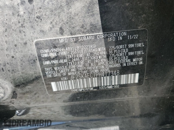 2023 Subaru Forester Premium с VIN JF2SKAEC7PH417348, выставлен на аукционе Copart как лот 60167725 с пробегом Не указан миль и Списание • Salvage title. История ставок и продаж доступна на DreamBid. Изображение 12.