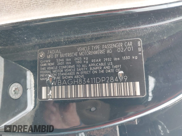 2001 BMW 7 Series 740iL with VIN WBAGH83411DP28499, listed as a IAAI auction lot 42278492 with Not provided miles and . Bid and sale history available at DreamBid. Image 9.