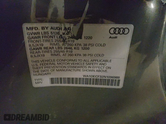 2022 Audi Q3 S line Premium with VIN WA1DECF32N1096988, listed as a Copart auction lot 46866383 with 0 mi miles. Bid and sale history available at carsss.com. Image 14.