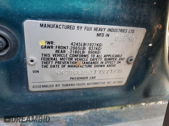 1996 Subaru Legacy Outback with VIN 4S3BG6851T7977375, listed as a Copart auction lot 41391625 with 188,726 mi miles and Salvage title. Bid and sale history available at DreamBid. Image 12.