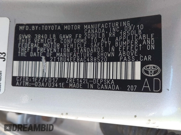 2010 Toyota Corolla with VIN 2T1BU4EE8AC488520, listed as a IAAI auction lot 42008146 with 182,354 mi miles and . Bid and sale history available at carsss.com. Image 9.