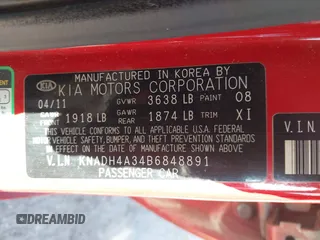 2011 Kia Rio LX with VIN KNADH4A34B6848891, listed as a IAAI auction lot 41678155 with 152,021 mi miles. Bid and sale history available at carsss.com. Image 9.
