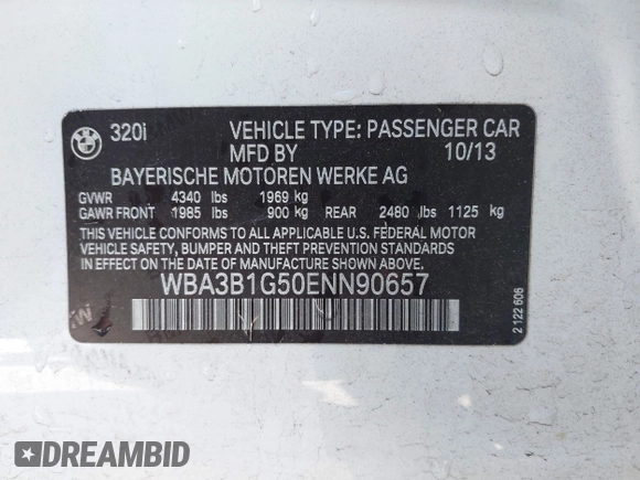 2014 BMW 3 Series 320i with VIN WBA3B1G50ENN90657, listed as a IAAI auction lot 42304612 with 129,377 mi miles and . Bid and sale history available at DreamBid. Image 9.