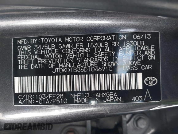 2013 Toyota Prius One with VIN JTDKDTB36D1046910, listed as a IAAI auction lot 41602468 with 194,828 mi miles and . Bid and sale history available at carsss.com. Image 9.