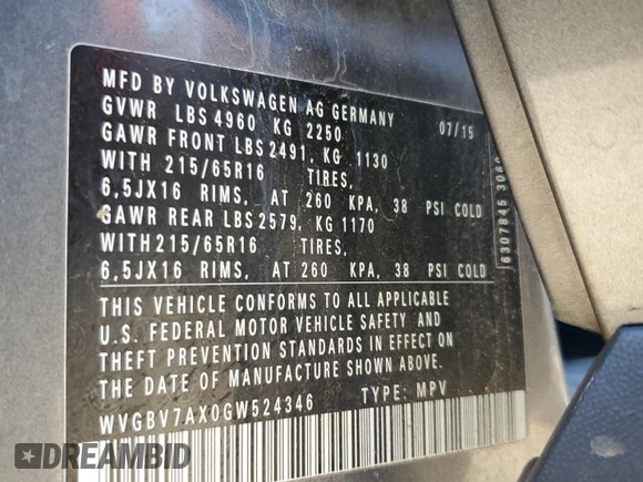 2016 Volkswagen Tiguan S with VIN WVGBV7AX0GW524346, listed as a Copart auction lot 87221564 with 163,609 mi miles and Salvage Title. Bid and sale history available at DreamBid. Image 15.