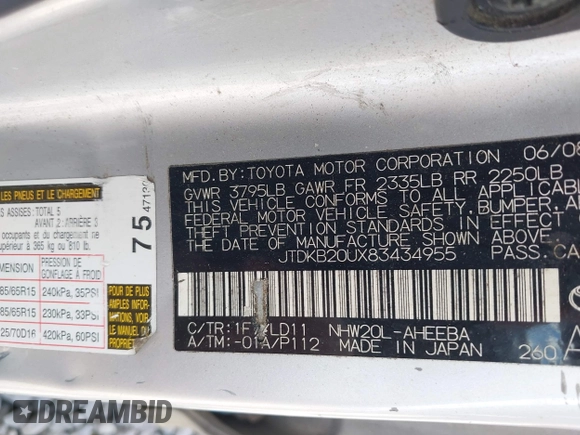2008 Toyota Prius with VIN JTDKB20UX83434955, listed as a IAAI auction lot 42193526 with 198,791 mi miles. Bid and sale history available at carsss.com. Image 9.