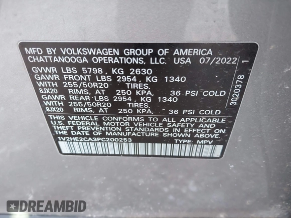 2023 Volkswagen Atlas SE with VIN 1V2HE2CA3PC200253, listed as a IAAI auction lot 41384253 with 49,845 mi miles and . Bid and sale history available at DreamBid. Image 9.