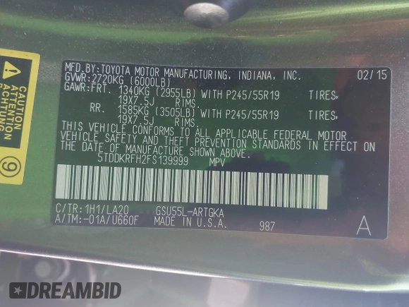 2015 Toyota Highlander Limited with VIN 5TDDKRFH2FS139999, listed as a IAAI auction lot 42380799 with 66,517 mi miles and . Bid and sale history available at DreamBid. Image 9.