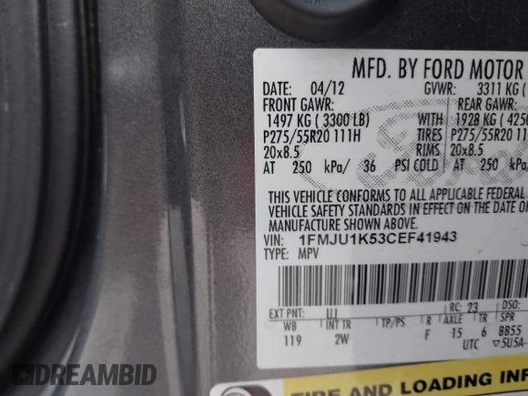 2012 Ford Expedition Limited with VIN 1FMJU1K53CEF41943, listed as a IAAI auction lot 41717417 with 148,514 mi miles and . Bid and sale history available at DreamBid. Image 9.
