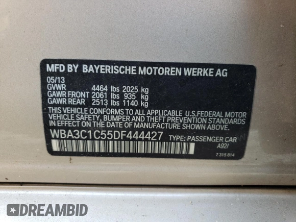 2013 BMW 3 Series 328i z VIN WBA3C1C55DF444427, wystawiony jako Copart lot #43200905 z przebiegiem 188 742 mil mil oraz Szkoda całkowita • Salvage title. Historia ofert i sprzedaży dostępna na DreamBid. Obrazek 14.