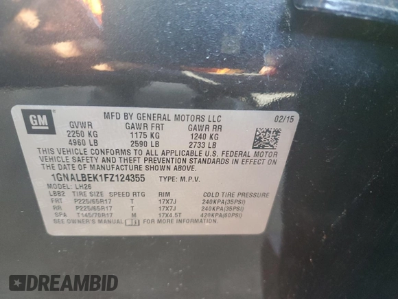 2015 Chevrolet Equinox LT with VIN 1GNALBEK1FZ124355, listed as a Copart auction lot 48905715 with 110,009 mi miles and Salvage Title. Bid and sale history available at carsss.com. Image 15.