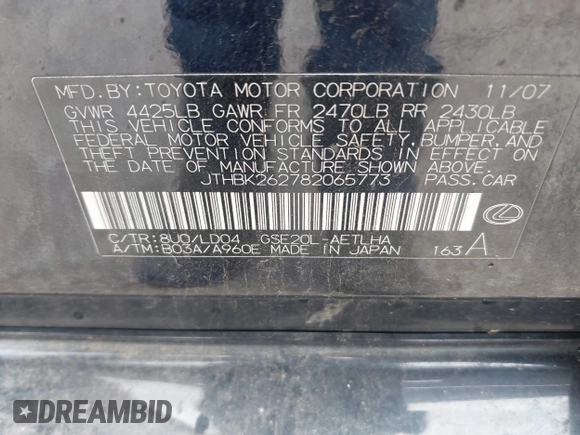 2008 Lexus IS 250 with VIN JTHBK262782065773, listed as a IAAI auction lot 42490607 with 163,084 mi miles and . Bid and sale history available at DreamBid. Image 9.