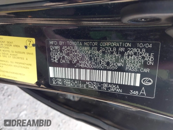 2005 Lexus ES with VIN JTHBA30G655076559, listed as a IAAI auction lot 41771973 with 99,147 mi miles. Bid and sale history available at carsss.com. Image 9.