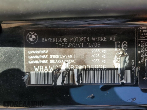 2007 BMW 3 Series 328xi with VIN WBAWC33587PD05936, listed as a Copart auction lot 71975674 with 203,431 mi miles and Clean Title. Bid and sale history available at DreamBid. Image 12.