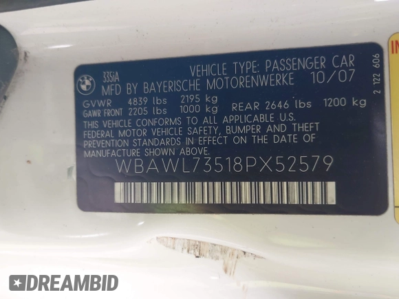 2008 BMW 3 Series 335i with VIN WBAWL73518PX52579, listed as a IAAI auction lot 42185401 with 169,042 mi miles and . Bid and sale history available at DreamBid. Image 9.