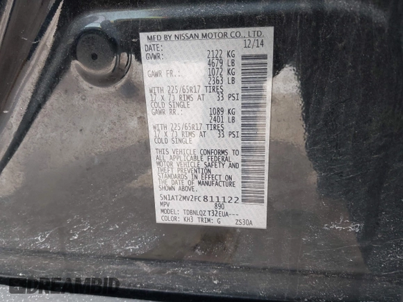 2015 Nissan Rogue SV with VIN 5N1AT2MV2FC811122, listed as a IAAI auction lot 41942521 with 186,965 mi miles. Bid and sale history available at carsss.com. Image 9.