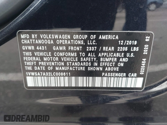 2020 Volkswagen Passat 2.0T SE with VIN 1VWSA7A32LC008611, listed as a IAAI auction lot 41912651 with 104,014 mi miles. Bid and sale history available at carsss.com. Image 9.