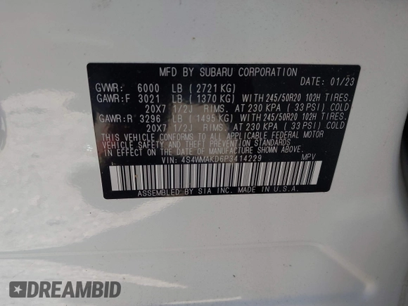 2023 Subaru Ascent Onyx Limited с VIN 4S4WMAKD6P3414229, выставлен на аукционе IAAI как лот 41332340 с пробегом 951 миль миль и . История ставок и продаж доступна на DreamBid. Изображение 9.