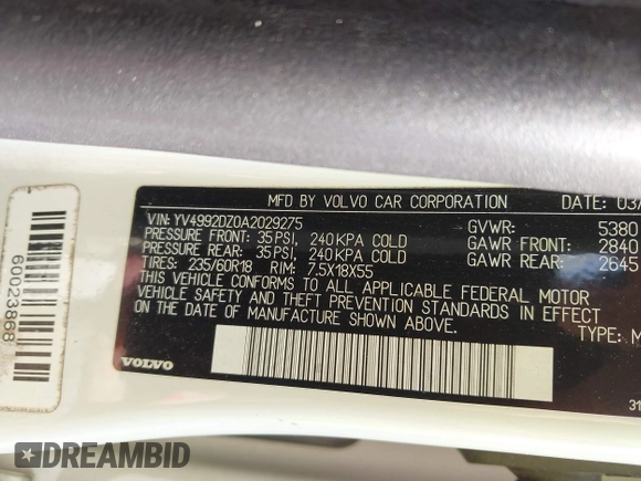 2010 Volvo XC60 3.0T с VIN YV4992DZ0A2029275, выставлен на аукционе IAAI как лот 42154894 с пробегом 149 415 миль миль и . История ставок и продаж доступна на DreamBid. Изображение 9.
