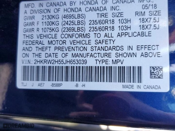 2018 Honda CR-V EX with VIN 2HKRW2H55JH653039, listed as a Copart auction lot 47787975 with 193,048 mi miles and Salvage Title. Bid and sale history available at carsss.com. Image 15.