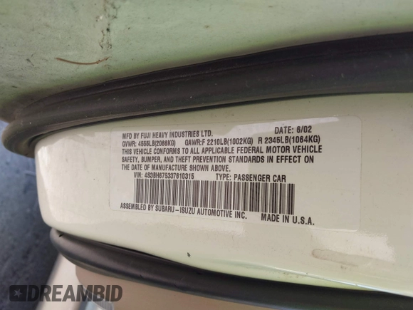 2003 Subaru Legacy Outback with VIN 4S3BH675337610315, listed as a IAAI auction lot 42816515 with Not provided miles and . Bid and sale history available at DreamBid. Image 9.