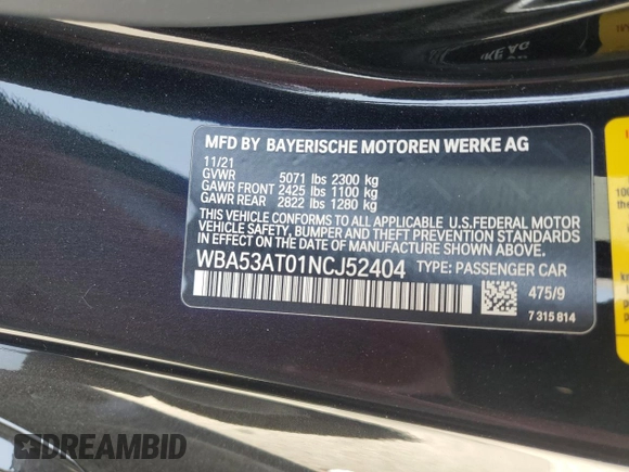 2022 BMW 4 Series M440i with VIN WBA53AT01NCJ52404, listed as a Copart auction lot 54464474 with 16,880 mi miles and Salvage title. Bid and sale history available at DreamBid. Image 12.
