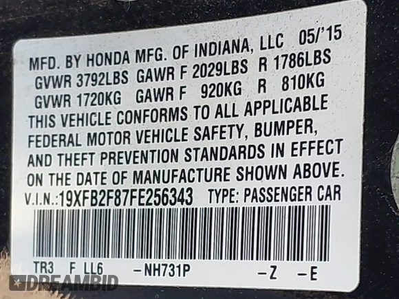 2015 Honda Civic EX with VIN 19XFB2F87FE256343, listed as a IAAI auction lot 42064764 with 133,437 mi miles and . Bid and sale history available at carsss.com. Image 9.