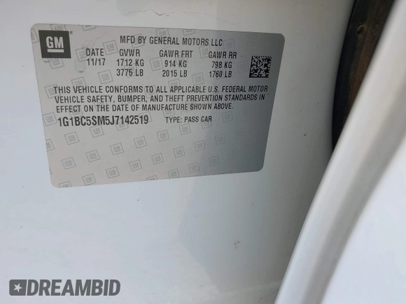 2018 Chevrolet Cruze LS with VIN 1G1BC5SM5J7142519, listed as a IAAI auction lot 41819086 with 97,592 mi miles and . Bid and sale history available at DreamBid. Image 9.