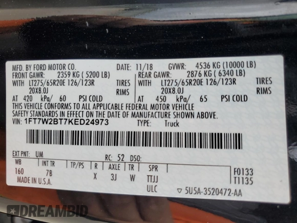2019 Ford F-250 XL with VIN 1FT7W2BT7KED24973, listed as a Copart auction lot 78046134 with Not provided miles and Salvage title. Bid and sale history available at DreamBid. Image 12.