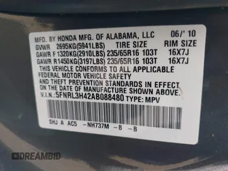 2010 Honda Odyssey EX with VIN 5FNRL3H42AB088480, listed as a IAAI auction lot 42198741 with 89,167 mi miles and . Bid and sale history available at DreamBid. Image 9.