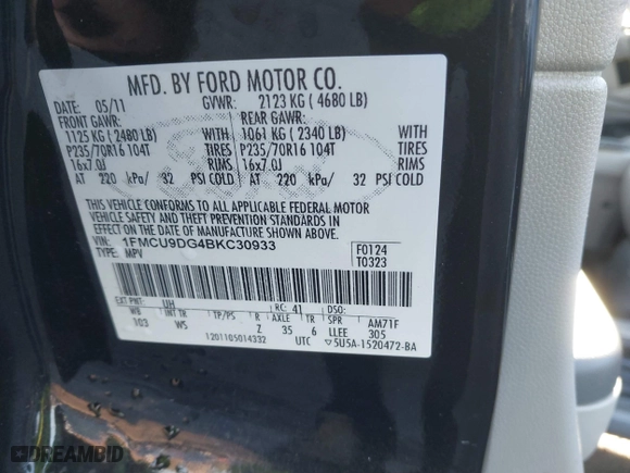 2011 Ford Escape XLT with VIN 1FMCU9DG4BKC30933, listed as a IAAI auction lot 40828476 with 146,808 mi miles. Bid and sale history available at carsss.com. Image 9.
