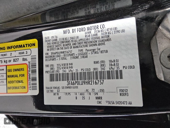 2017 Ford Fusion Hybrid SE with VIN 3FA6P0LU9HR216757, listed as a Copart auction lot 64430315 with 106,247 mi miles and Clean title. Bid and sale history available at DreamBid. Image 12.