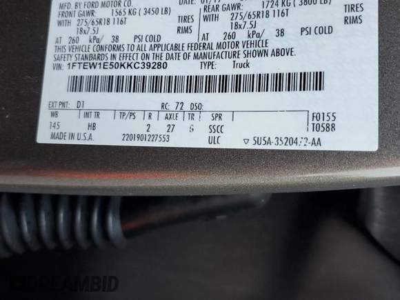 2019 Ford F-150 XL with VIN 1FTEW1E50KKC39280, listed as a Copart auction lot 53943915 with Not provided miles and Salvage title. Bid and sale history available at DreamBid. Image 12.