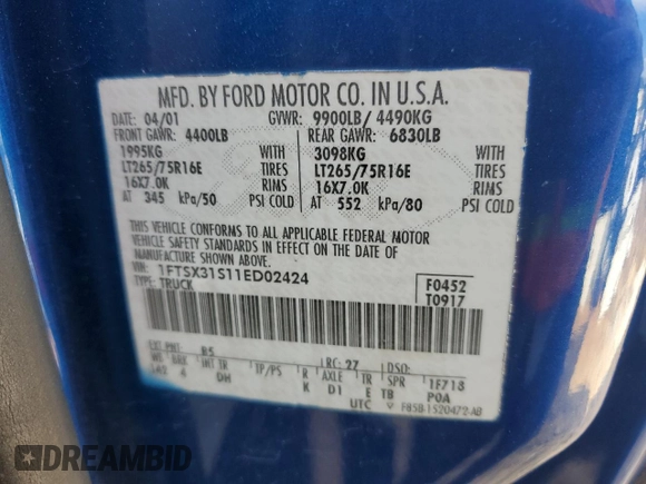 2001 Ford F-350 XL with VIN 1FTSX31S11ED02424, listed as a Copart auction lot 75172884 with 167,592 mi miles and Salvage Title. Bid and sale history available at DreamBid. Image 12.