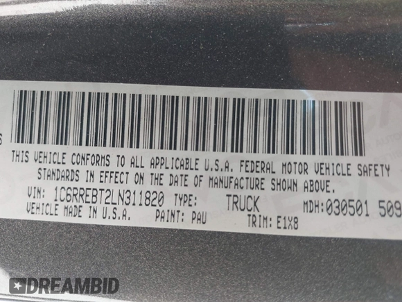 2020 Ram 1500 Big Horn с VIN 1C6RREBT2LN311820, выставлен на аукционе IAAI как лот 42372941 с пробегом 26 049 миль миль и . История ставок и продаж доступна на DreamBid. Изображение 9.