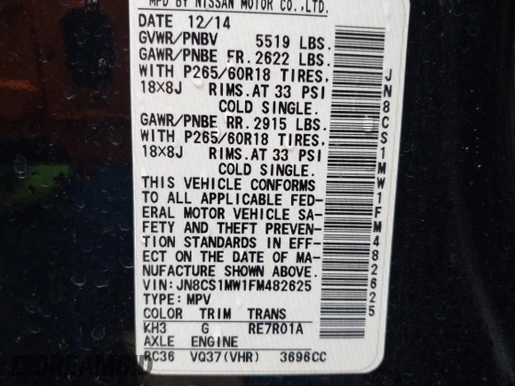 2015 Infiniti QX70 with VIN JN8CS1MW1FM482625, listed as a IAAI auction lot 42332365 with 88,912 mi miles and . Bid and sale history available at DreamBid. Image 9.