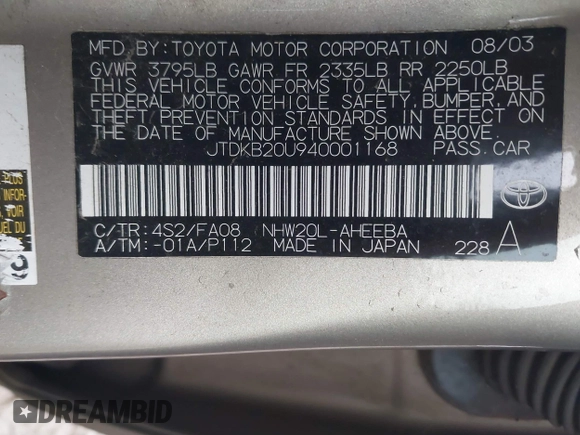2004 Toyota Prius z VIN JTDKB20U940001168, wystawiony jako IAAI lot #41065063 z przebiegiem 299 999 mil mil oraz . Historia ofert i sprzedaży dostępna na DreamBid. Obrazek 9.