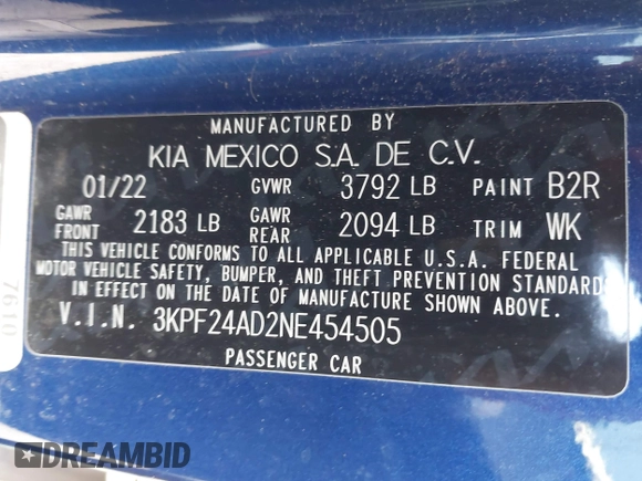 2022 Kia Forte LXS with VIN 3KPF24AD2NE454505, listed as a IAAI auction lot 42068571 with 55,179 mi miles and . Bid and sale history available at DreamBid. Image 9.