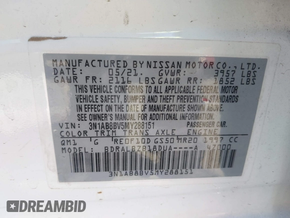 2021 Nissan Sentra S with VIN 3N1AB8BV5MY288151, listed as a IAAI auction lot 41990890 with 55,935 mi miles and . Bid and sale history available at DreamBid. Image 9.