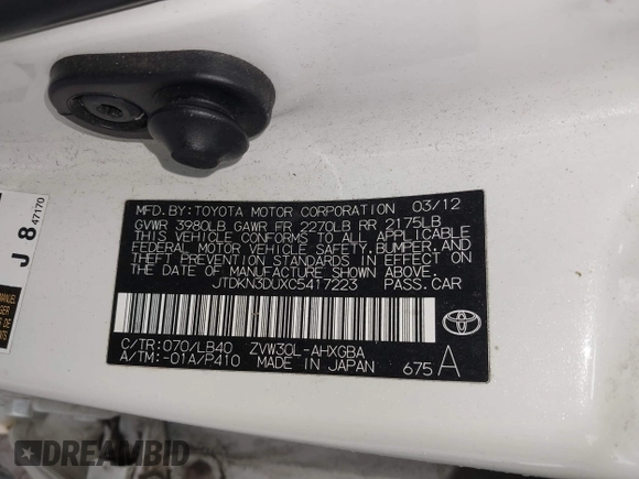 2012 Toyota Prius One with VIN JTDKN3DUXC5417223, listed as a IAAI auction lot 42084135 with 182,187 mi miles and . Bid and sale history available at DreamBid. Image 9.