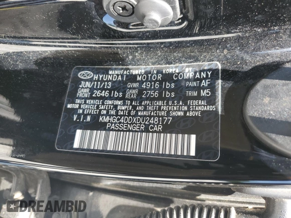 2013 Hyundai Genesis 3.8L with VIN KMHGC4DDXDU248177, listed as a Copart auction lot 54860285 with 79,629 mi miles and Salvage title. Bid and sale history available at DreamBid. Image 12.