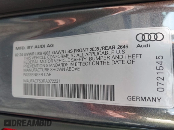 2024 Audi A5 Sportback S line Premium Plus z VIN WAUFACF53RA072231, wystawiony jako IAAI lot #41291343 z przebiegiem 2 089 mil mil oraz . Historia ofert i sprzedaży dostępna na DreamBid. Obrazek 9.