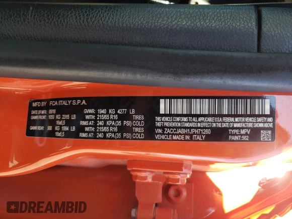 2018 Jeep Renegade Latitude with VIN ZACCJABH1JPH71260, listed as a Copart auction lot 68535514 with 33,651 mi miles and Salvage title. Bid and sale history available at DreamBid. Image 13.